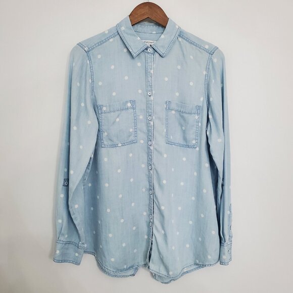 Foxcroft Womens Chambray Polka Dot Button Up Blouse Size 10 Pockets Classic - Picture 1 of 7